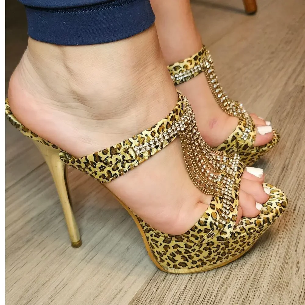 Amugguccil 39/8-8.5 Leopard Print High Heels Gold Rhinestone Chains Platform J77